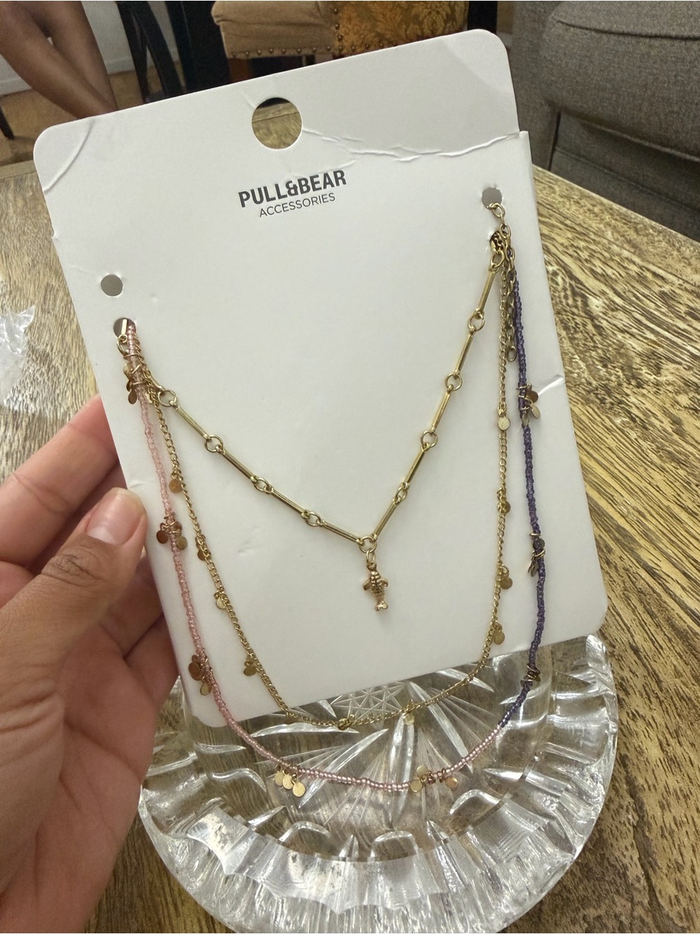 Pull&Bear Gold Layered Necklace with Pink and Purple Beads